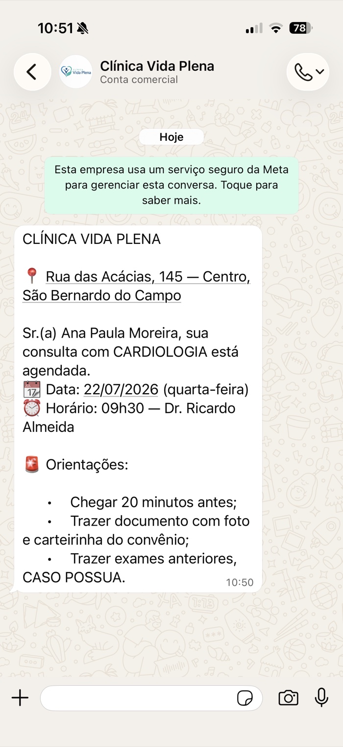 Confirmação de consulta enviada no WhatsApp pela API oficial da Meta