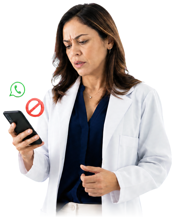 Médica de jaleco olhando o WhatsApp da clínica bloqueado no celular