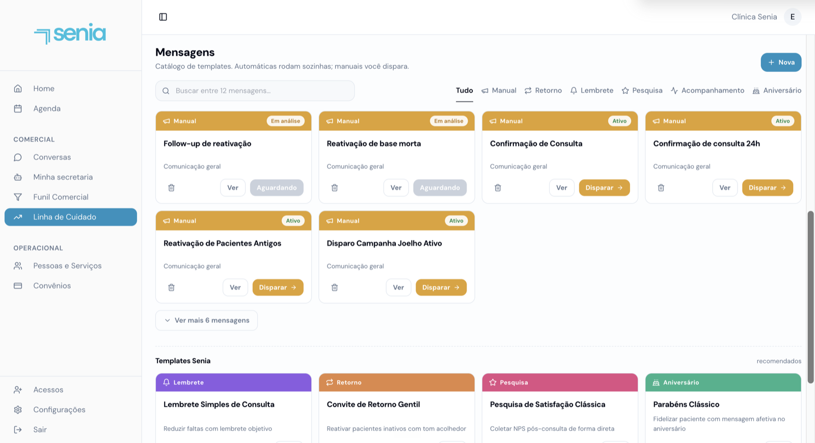 Catálogo de templates na plataforma da Senia, com status Em análise e Ativo